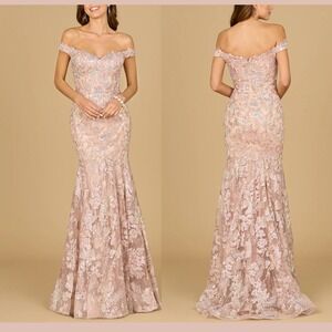 NWT $698 LARA NY [ 14 ] 29136 Off Shoulder Sequin Mermaid Gown Blush Pink J2019